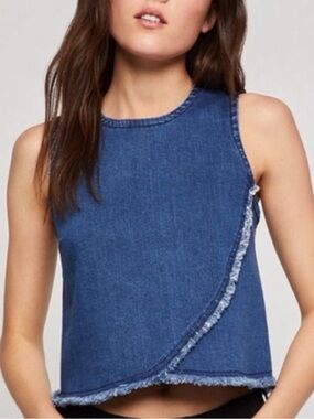 BCBG Generation Sleeveless Denim Crop Top with Frayed Trim